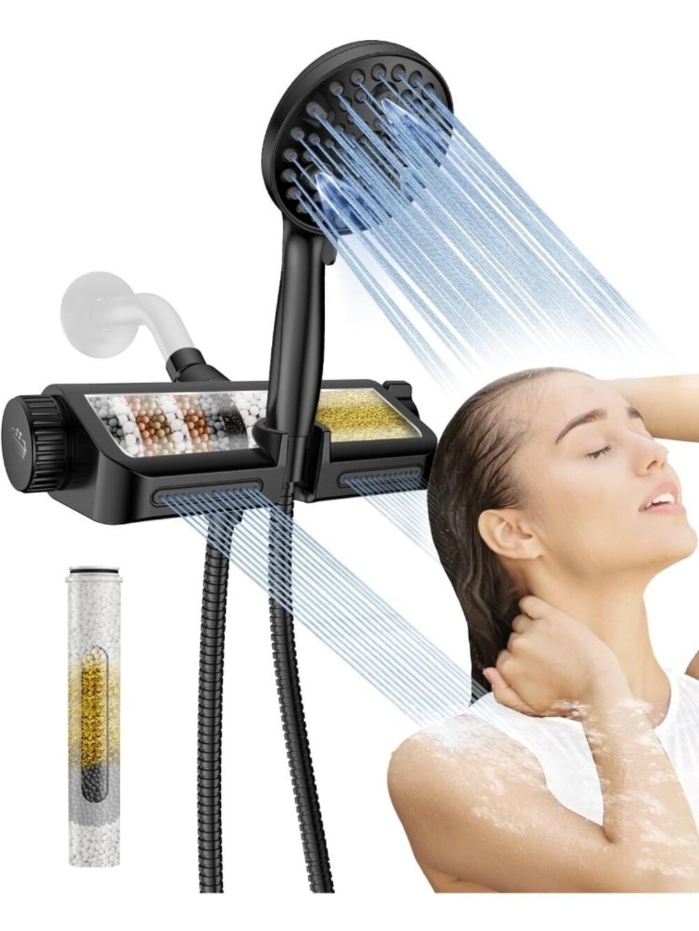 Filtered Handheld Shower Head Combo - Matte Black, 10 Modes, High Pressure Spa